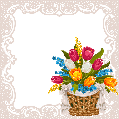 Beautiful flower with retro frame vector material 01