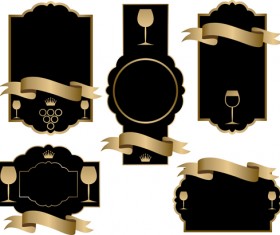 Black wine lables with golden ribbon vector design 02