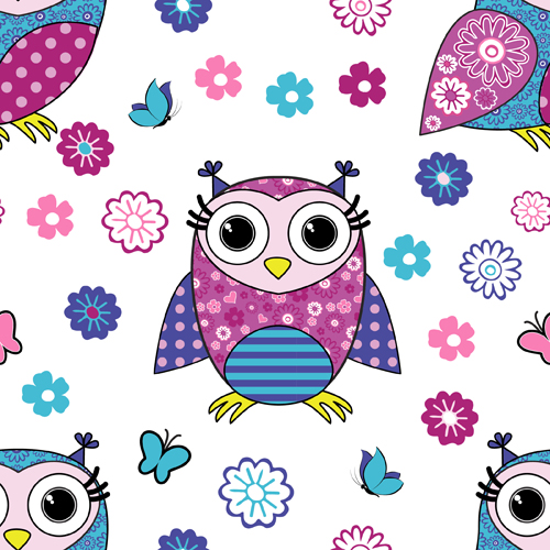Cute cartoon owls vector seamless pattern 01