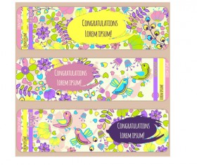 Doodle birds with flower banners vector 03