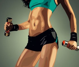 Fitness girl with dumbbells vector material 01