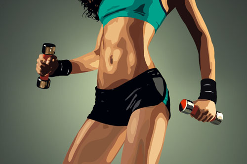 Fitness girl with dumbbells vector material 01