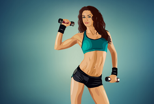 Fitness girl with dumbbells vector material 02
