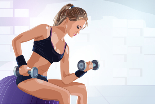 Fitness girl with dumbbells vector material 03