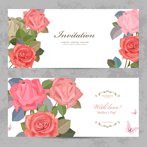 Flower rose invitation card vector 03