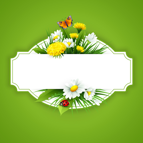 Flower with spring card vector set 02