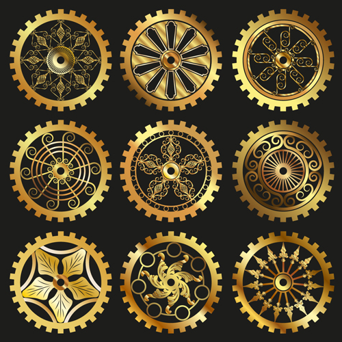 Golden gears icons vector set 01