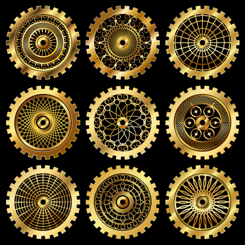 Golden gears icons vector set 02