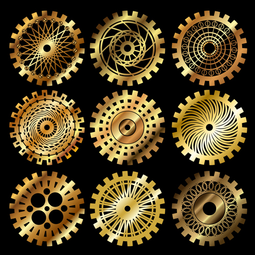 Golden gears icons vector set 03