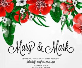 Hibiscus flowers with wedding invitation card vector 01
