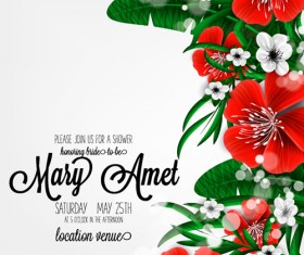 Hibiscus flowers with wedding invitation card vector 02