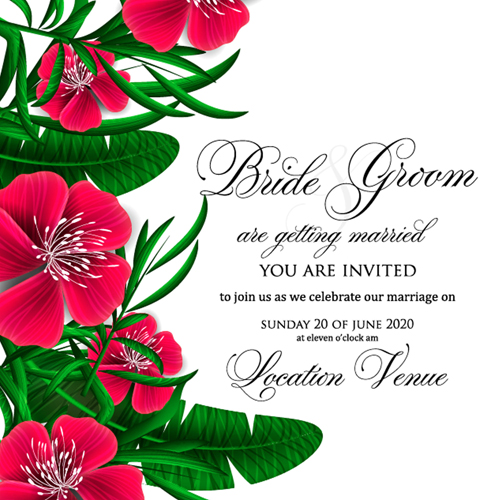 Hibiscus flowers with wedding invitation card vector 05