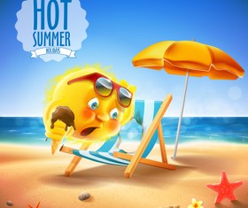 Hot summer holiday background with funny sun vector 01