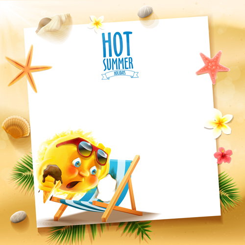 Hot summer holiday background with funny sun vector 02