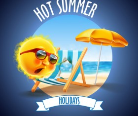 Hot summer holiday background with funny sun vector 04