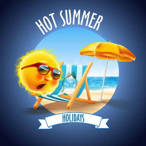 Hot summer holiday background with funny sun vector 04