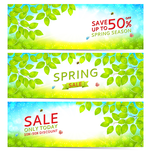 Leaves with spring sale banners vector