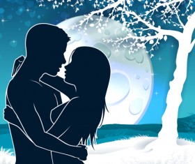 Lovers silhouette with moon and tree vector 01