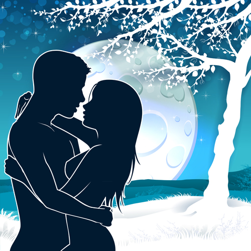 Lovers silhouette with moon and tree vector 01