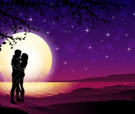 Lovers silhouette with moon and tree vector 06 free download