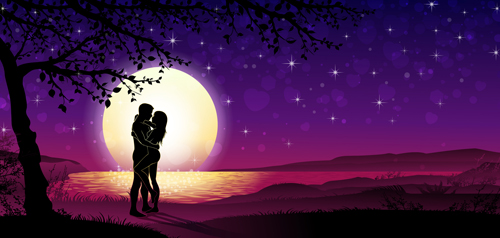 Lovers silhouette with moon and tree vector 02
