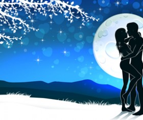 Lovers silhouette with moon and tree vector 03
