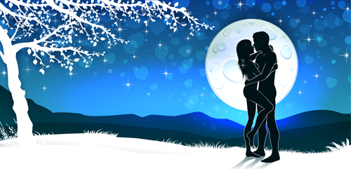 Lovers silhouette with moon and tree vector 03