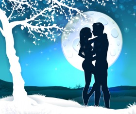 Lovers silhouette with moon and tree vector 04