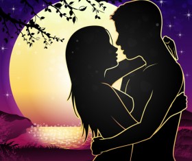 Lovers silhouette with moon and tree vector 05