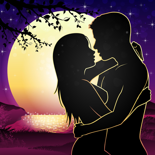 Lovers silhouette with moon and tree vector 05