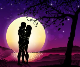 Lovers silhouette with moon and tree vector 06