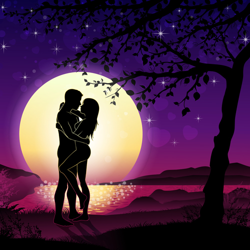 Lovers silhouette with moon and tree vector 06