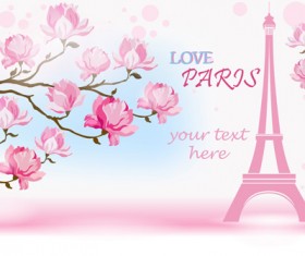 Pink flower with paris background vector 01