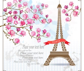 Pink flower with paris background vector 02