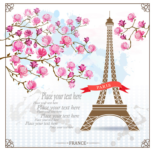 Pink flower with paris background vector 02