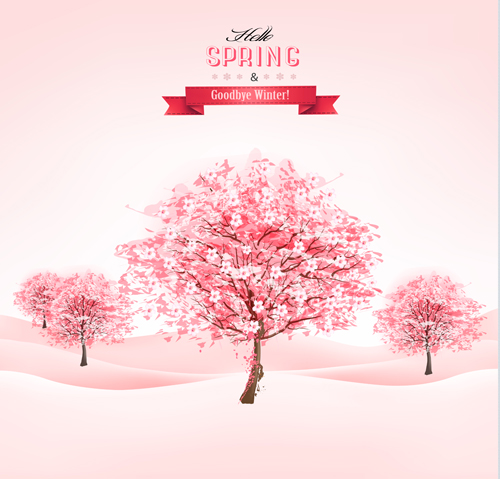 Pink tree with spring background vector 01