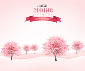 Pink tree with spring background vector 02