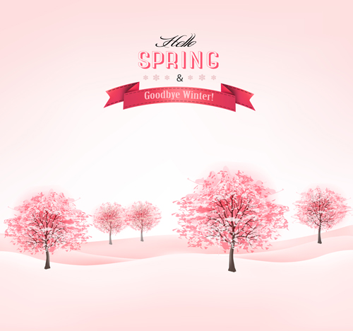 Pink tree with spring background vector 02