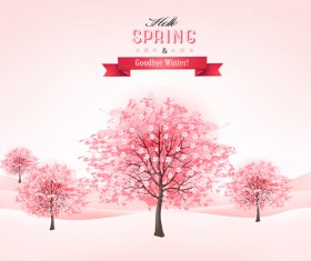 Pink tree with spring background vector 03