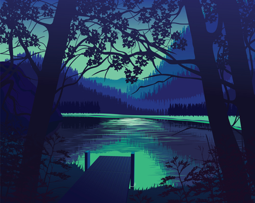 River with forest and mountains scenery vector 01