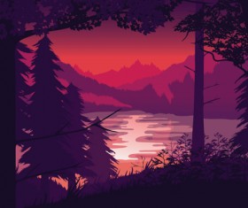 River with forest and mountains scenery vector 02