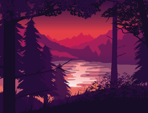 River with forest and mountains scenery vector 02