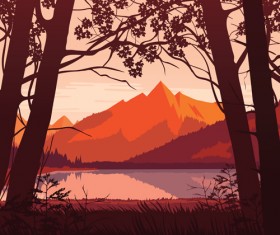 River with forest and mountains scenery vector 03