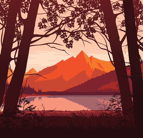 River with forest and mountains scenery vector 03
