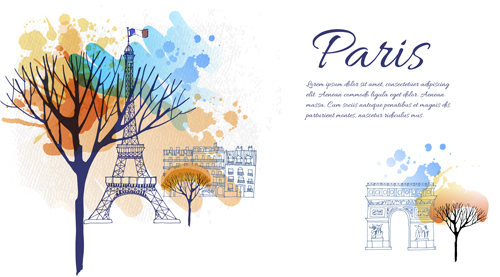 Romantic paris with watercolor tree vector background