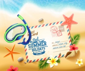 Shell with flower summer beach background vector 02