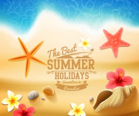 Shell with flower summer beach background vector 03