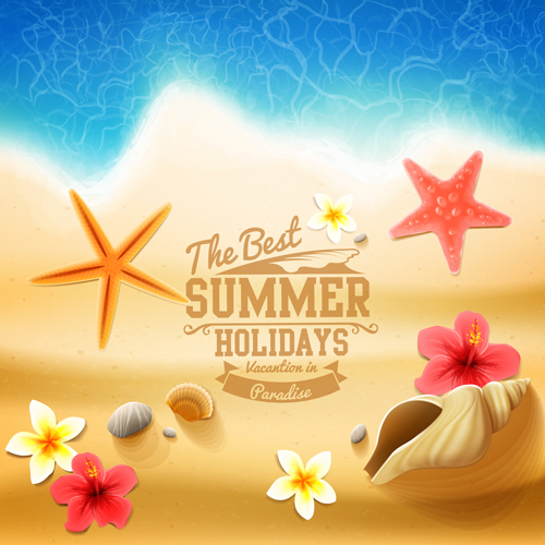 Shell with flower summer beach background vector 03