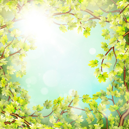 Spring green leaves with sunlight background vector 01