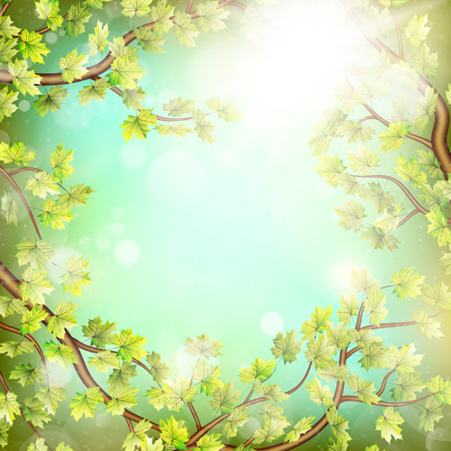 Spring green leaves with sunlight background vector 02
